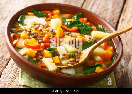 Soupe de lentilles aux légumes et les épinards close-up dans un bol sur la table horizontale. Banque D'Images
