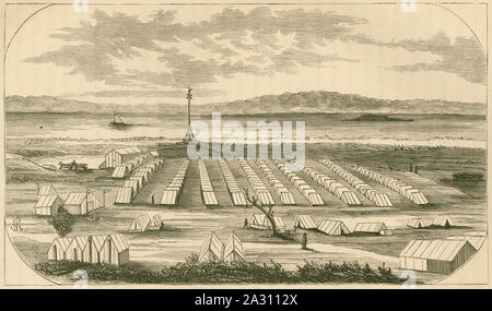 Gravure 1866 antique, Camp de la 104e régiment de Pennsylvanie sur Morris Island, Caroline du Sud. SOURCE : gravure originale. Banque D'Images