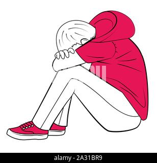 Triste et déprimé adolescent assis sur le plancher. Adolescent déprimé. Illustration de Vecteur