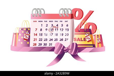 Tableau Calendrier avec date de vente des sacs à provisions et symbole de pourcentage vente jour tag télévision vector illustration sur fond blanc. Illustration de Vecteur