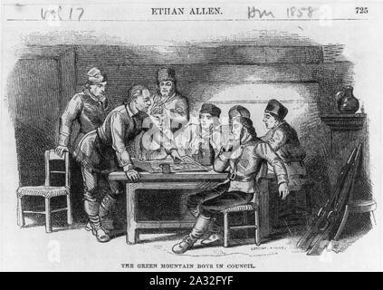 Ethan Allen 1738-1789 portrait en pied, debout devant le 'Green Mountain' Boays en conseil l'examen de la carte Banque D'Images