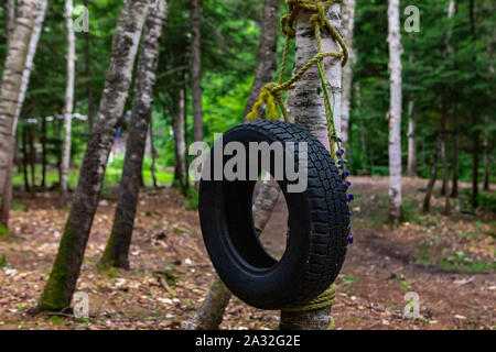 Un grand pneu en caoutchouc est vu suspendu à un arbre avec une corde dans un camp forestiers site dédié à la spiritualité et les cultures autochtones. Banque D'Images