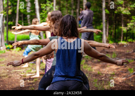 Les gens qui cherchent l'attention et l'illumination sont vus de dos dans une ligne traditionnelle et la pratique des exercices multiculturelle. Banque D'Images