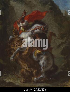 Eugène Delacroix - Cavalier arabe attaqué par un Lion Banque D'Images