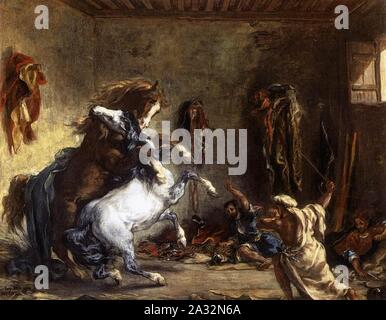 Eugène Delacroix - Lutte contre les chevaux arabes dans une étable - Banque D'Images
