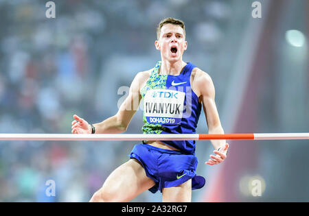 Ilya Ivanyuk (Russie). Médaille de bronze au saut en hauteur. Championnats du monde d'athlétisme de l'IAAF, Doha 2019 Banque D'Images