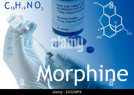 Concept de droit avec la morphine, la seringue et le flacon bouteille d'ordonnance. Banque D'Images
