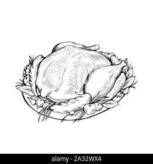 Poulet cuit hand drawn vector illustration. Maison de vacances saison d'automne, jour de Thanksgiving, dîner de fête fine ligne symbole. Garnir avec la Turquie au dessin monochrome. Le plat traditionnel fait maison Illustration de Vecteur