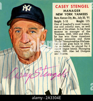 1950 era Redf homme baseball tabac représentant carte Hall of Fame New York Yankees baseball manager Casey Stengel. Banque D'Images