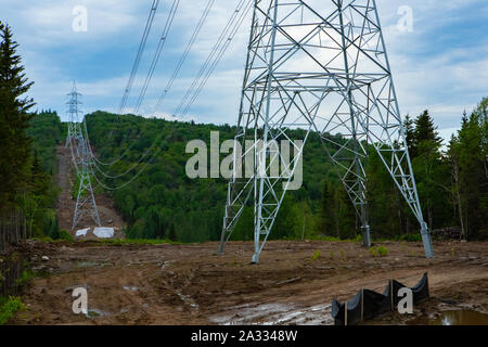 Il manque une grande bande de forêt est vu avec tours d'électricité qui traverse le paysage rural, les détails d'un treillis en acier avec base copier-espace. Banque D'Images