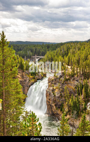 Upper Falls dans le Parc National de Yellowstone avec Chittenden Memorial Bridge en arrière-plan. Banque D'Images