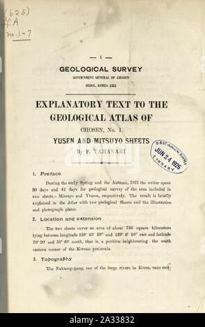 Texte explicatif à l'atlas géologique de choisi. N° 1, Yusen et feuilles Mitsuyo Banque D'Images