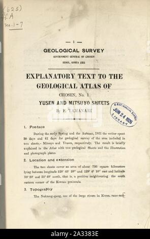 Texte explicatif à l'atlas géologique de choisi. Yusen et feuilles Mitsuyo Banque D'Images
