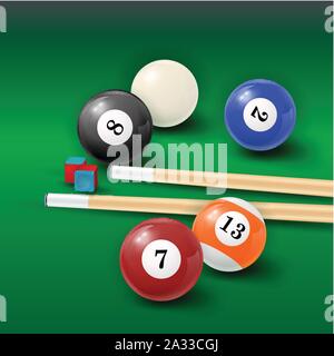 Table de billard boules de billard avec illustration de fond et Chalk and Cue billard Illustration de Vecteur