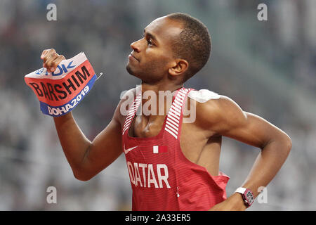 Doha, Qatar. 4ème Oct, 2019. Mutaz Essa Barshim du Qatar célèbre lors de la finale du saut en hauteur hommes au Championnats du monde d'athlétisme de l'IAAF de 2019 à Doha, Qatar, le 4 octobre 2019. Crédit : Li Ming/Xinhua/Alamy Live News Banque D'Images