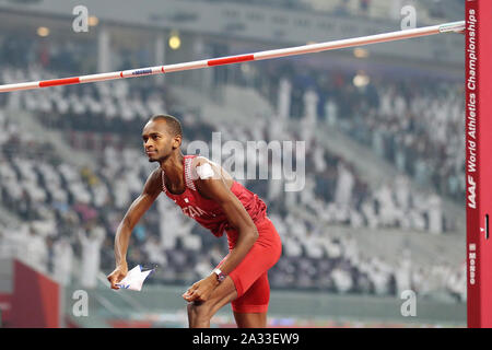 Doha, Qatar. 4ème Oct, 2019. Mutaz Essa Barshim du Qatar célèbre lors de la finale du saut en hauteur hommes au Championnats du monde d'athlétisme de l'IAAF de 2019 à Doha, Qatar, le 4 octobre 2019. Crédit : Li Ming/Xinhua/Alamy Live News Banque D'Images