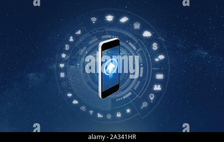 Téléphone intelligent avec les icônes d'application. Commande à distance des appareils intelligents et internet des objets Banque D'Images