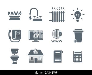 Services à la personne d'une facture d'icônes. Télévision vecteur silhouette symboles de paiements réguliers tels que gaz, eau, électricité, chauffage, téléphone, câble T Illustration de Vecteur