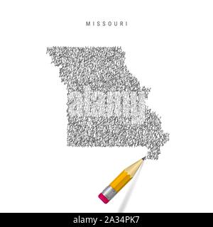 Croquis du Missouri scribble site isolé sur fond blanc. Hand drawn vector map du Missouri. Crayon 3D réaliste avec du caoutchouc. Illustration de Vecteur