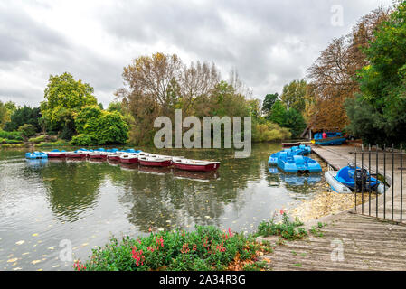 Location de bateaux à aubes et de ligne sur un lac dans Battersea Park Banque D'Images