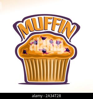 Logo Vector pour Blueberry Muffin, police d'origine jaune pour word muffin, poster avec des pâtisseries fraîches pour le petit déjeuner du matin, illustration de petits légumes Illustration de Vecteur