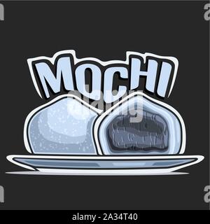 Logo Vector pour dessert japonais Mochi, noir et blanc illustration de confiseries asiatique pour cafe menu, affiche monochrome avec daifuku sur lave, ori Illustration de Vecteur