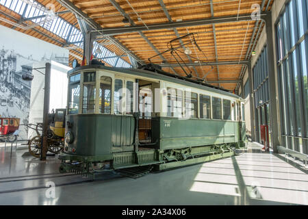 Le Tramway 801 des Tramways de Nuremberg-Fürth (1926) transport dans le Deutsches Museum (Musée allemand des transports Verkehrszentrum), Munich, Allemagne. Banque D'Images