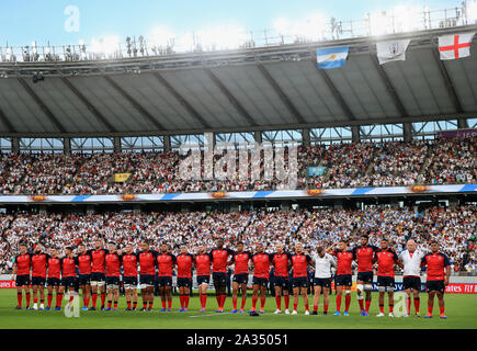 Angleterre joueurs avant la Coupe du Monde de Rugby 2019 Bassin C match à Tokyo Stadium. Banque D'Images