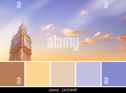 La palette des couleurs de l'automne à partir de l'image de Big Ben Clock Tower à Londres, au Royaume-Uni, sur un coucher de soleil. Vue panoramique de l'image en tons de jaune, brun et violet lumineux wi Banque D'Images