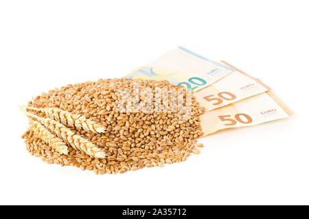 Tas de grains de blé avec les épis de blé sur les billets en euros sur fond blanc - coût du blé ou prix concept, selective focus Banque D'Images