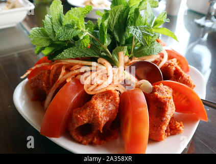 La nourriture libanaise, la cuisine arabe : Kibbeh Nayyeh Orfaliyeh ; tartare de veau (veau) matières premières au sol avec le blé concassé, 7 épices, piment et oignons frais. Banque D'Images