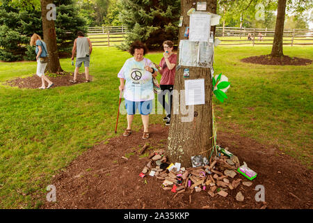 08192019 - Bethel, New York, USA : Un groupe examine les articles laissés à l 'arbre de la paix", au mémorial de Woodstock près du site de l'étape de Woodstock dans l'arrière-plan, le lundi 19 août 2019 à Bethel Woods à Bethel, New York. Organisateur de Woodstock Michael Lang, l'événement a été annulé mais anniversaire les activités ont continué au Arrowhead Ranch, Bethel Woods (le site de l'original Woodstock en 1969), Hector's Inn, et Yasgur's Farm. Banque D'Images