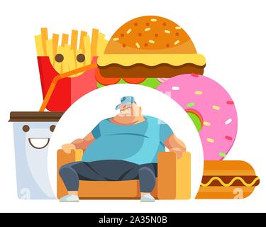 Fat Man eating fast food hamburger. Le petit-déjeuner pour l'excès de personne. Repas d'ordure mène à l'obésité. Personne régulièrement overeats concept. Les soins de santé Illustration de Vecteur