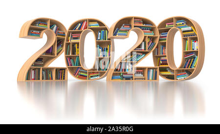 L'année 2020 nouveau concept de l'éducation. Bookshelvs avec des livres sous la forme de texte 2020. 3d illustration Banque D'Images