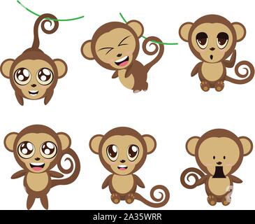 Ensemble de cartoon funny monkeys dans différentes expressions et poses. Illustration de Vecteur