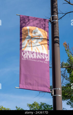 ALBANY,NY/USA - 29 septembre 2019 : bannière et logo sur le campus de l'université à Albany. Banque D'Images