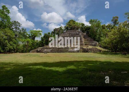 Temple de Jaguar à Lamanai Réserve archéologique, Orange Walk, Belize, en Amérique centrale. Banque D'Images