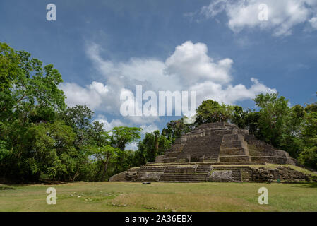 Temple de Jaguar à Lamanai Réserve archéologique, Orange Walk, Belize, en Amérique centrale. Banque D'Images