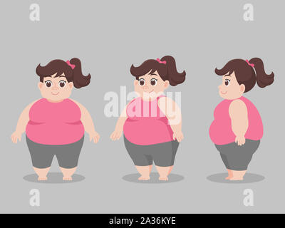 Ensemble de Mignon petit personnage Big Fat women l pour perdre du poids, le régime alimentaire, les soins de vie malsains cartoon character concept posent devant tourner autour de Banque D'Images