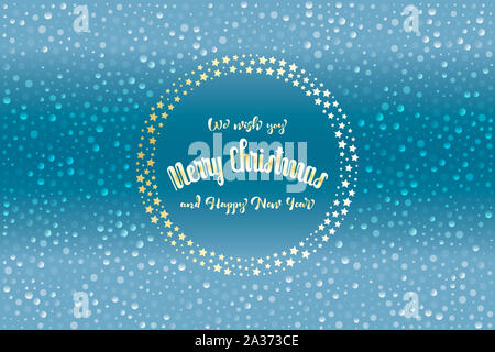 Carte de Noël avec étoiles d'or scintillant et flocons translucides sur fond bleu avec texte "Nous vous souhaitons un joyeux Noël et Bonne Année Banque D'Images
