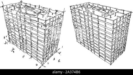 Deux Esquisses architecturales dessinés à la main, structure en béton du bâtiment de bureaux avec fenêtres et murs et culomns Illustration de Vecteur