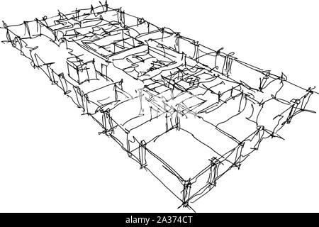 Croquis d'architecture dessiné à la main d'un étage dans immeuble de bureaux modernes Illustration de Vecteur