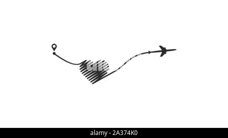 Avion et sa piste comme un signe de l'infini et coeur sur fond blanc. Vector illustration. Chemin de vol de l'aéronef et de son itinéraire Illustration de Vecteur