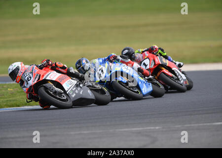 Desmosport Ducati Superbike Mike Jones, Ducati 1299FE conduit Suzuki ECSTAR Wayne Maxwell au virage 4. Australian Superbike Championship Round 6 - Course Banque D'Images