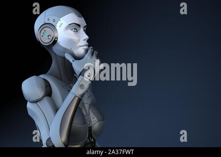 Cyborg est dans une pose pensive sur fond sombre. 3D illustration Banque D'Images