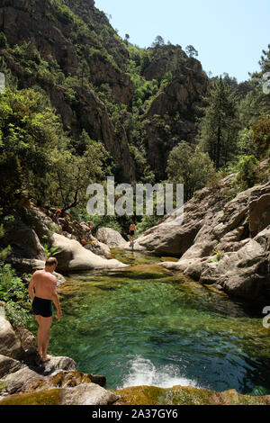 Piscine naturelle dans le Canyon de Purcaraccia / Cascades de Purcaraccia, les montagnes de Bavella, Corse France - Corse montagne canyon paysage. Banque D'Images