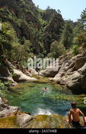 Piscine naturelle dans le Canyon de Purcaraccia / Cascades de Purcaraccia, les montagnes de Bavella, Corse France - Corse montagne canyon paysage. Banque D'Images