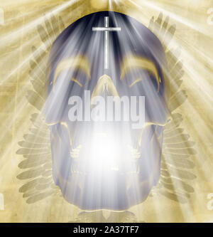 La mort sainte. Crâne brillant avec des ailes et cross Banque D'Images