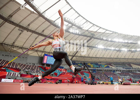 Doha, Katar. 06 Oct, 2019. Johannes Vetter (Allemagne) la promotion, la qualification de javelots des hommes, sur les Championnats du Monde 2019 05.10.2019 à Doha/Qatar, à partir de la 27.09. - 10.10.2019. Utilisation dans le monde entier | Credit : dpa/Alamy Live News Banque D'Images