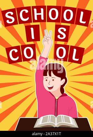 School is Cool poster. Smiling Schoolgirl montre la victoire. Sur fond sunburst Illustration de Vecteur